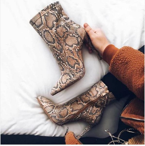 

boots fashion thin heel high snake pattern large, Black