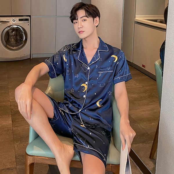 

silk summer pajamas man shorts men at home clothing sets plus size -5xl two pieve night homme satin hombre, Black;brown