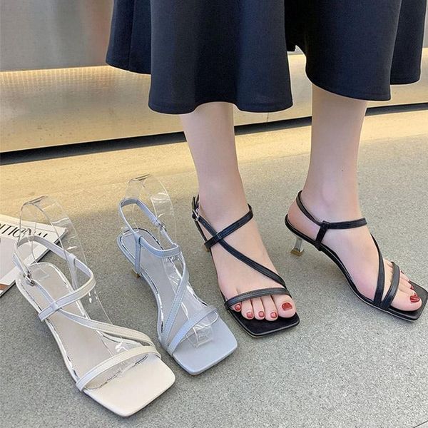

sandals women's one word buckle square toe shoes fashion women slim low heel shoe female ankle straps footwear 2021 summer, Black