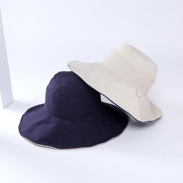 

wide brim hats double-sided bucket pure color sun hat basin cap big eaves women panama outdoor fisherman men casual visor, Blue;gray