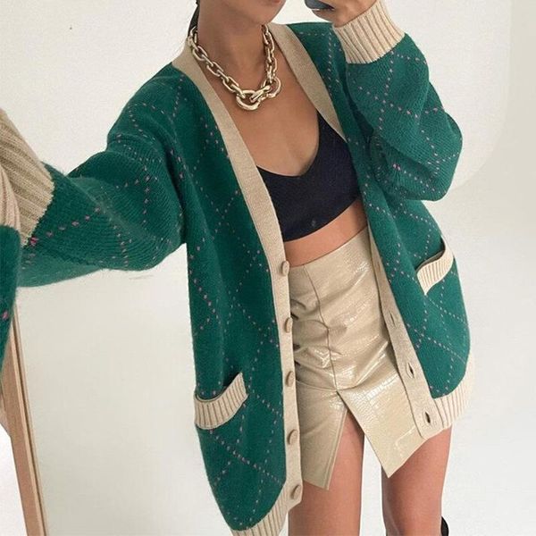 

women's knits & tees autumn winter green long sleeve cardigan women knitted oversized khaki y2k v neck 2021 fashion casual sweater, White
