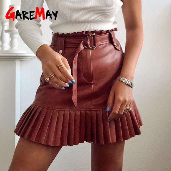 

pu leather skirts for women autumn winter mini skirt female pleated ruffles belt black red high waist fashion 210428