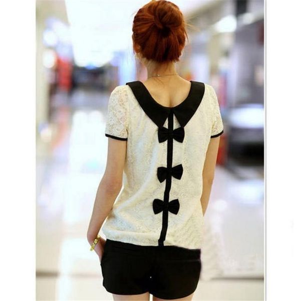 

women's blouses & shirts lace 2021 summer woman short sleeve bow chiffon shirt women plus size xxxl vetement femme blouse, White