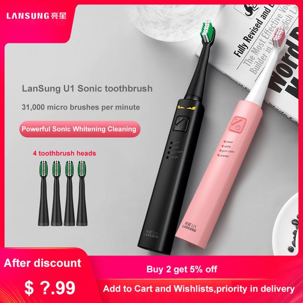 

lansung ultrasonic sonic electric toothbrush usb charge rechargeable tooth brushes with 4 pcs replacement heads timer brush
