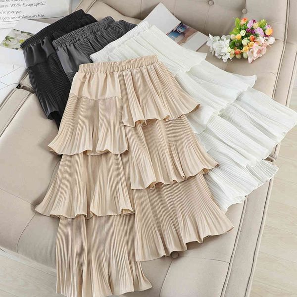 

Skirts skirts Autumn Irregular Cakee Layered Cotton Blend Elastic Waist Pleasted Ruffles Tiered High Low A-line Long S RIDI, Black