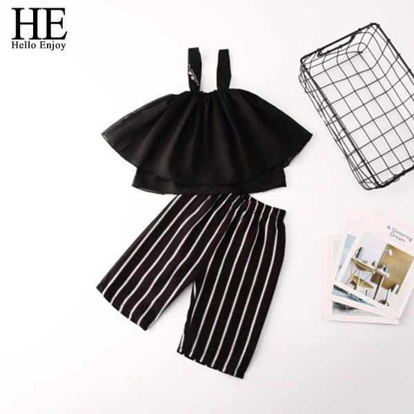 

hello enjoy 2021 summer girl suit black chiffon suspenders striped five-point pants clothing sets, White