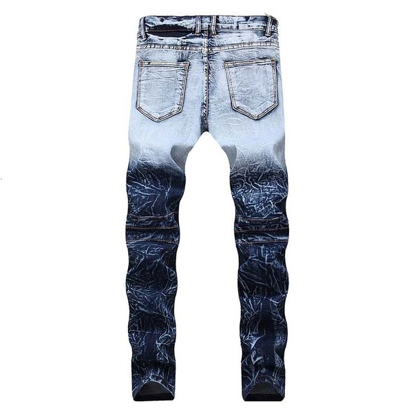 

men biker jeans denim knees holes two tones draped panelled scratched pants washed zipper high quality, Blue