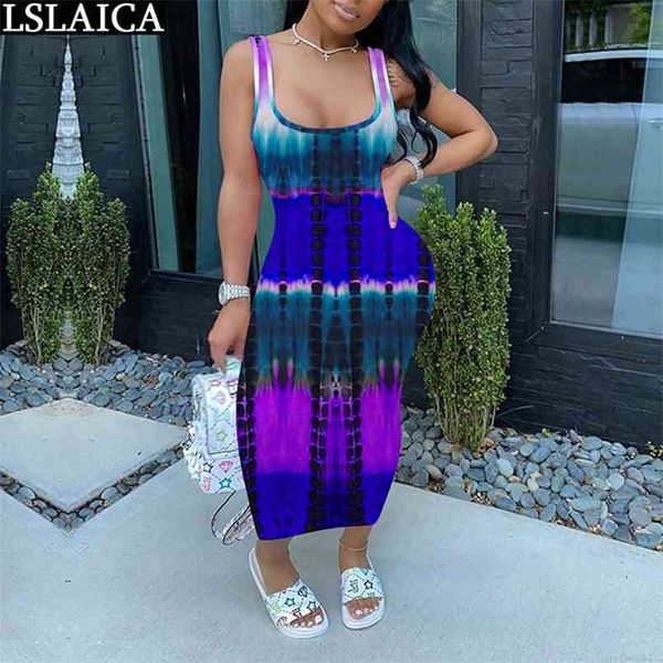 

elegant dress sleeveless tie dye print fashion summer long for women party club streetwear knitted bodycon 210515, Black;gray