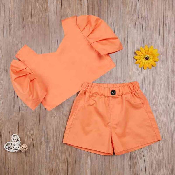 

2 7y fashion kids girls clothes sets solid short puff sleeve backless bowknot shorts 2pcs, White