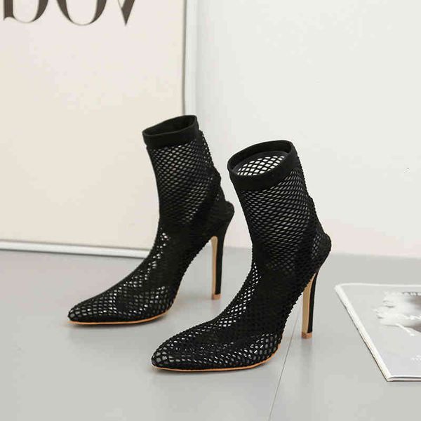 

sandals stretch fabric mesh sock boots transparent pvc pointed toe ankle woman shoes thin high heels pumps mbs1, Black