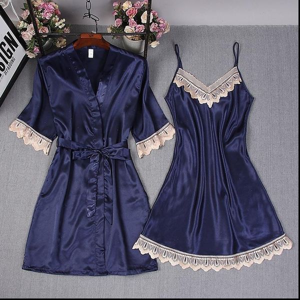 

rayon robe gown women sleepwear set spring autumn bathrobe 2 pieces solid kimono nightdress lace nightwear, Black;red