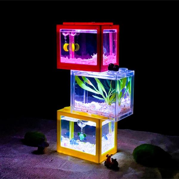 

aquariums mini fish tank reptile pet box stackable aquarium creative building block cylinder landscape seaweed for office decoration