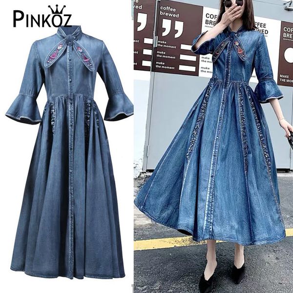 

arrival boho spring autum denim women dresses flare sleeve stand collar vintage embroidery tie vestidos plus size 2xl 210421, White