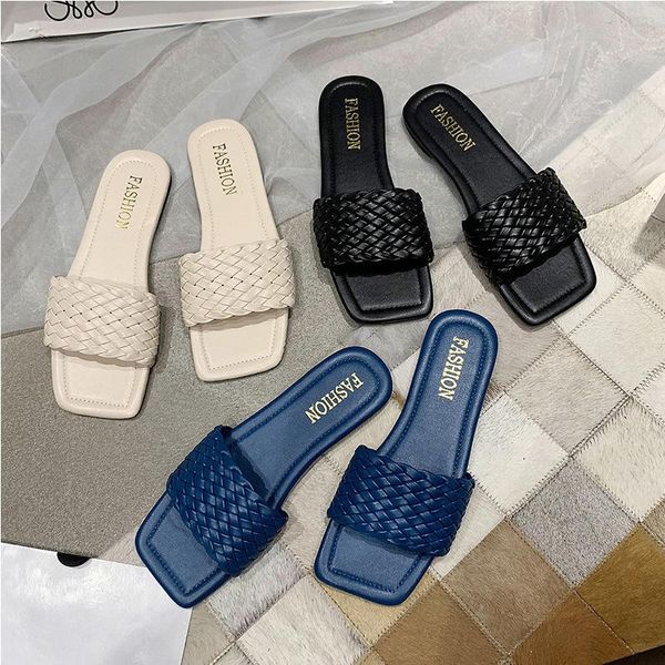 

slippers women 2021 summer square toe woven sandals outdoor non-slip open-toed women's travel vacation beach shoes, Black