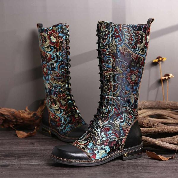 Stivali SOCOFY Motivo a fiori Cuciture colorate Elegante cerniera Stringata Scarpe piatte a metà polpaccio Donna Botas Mujer