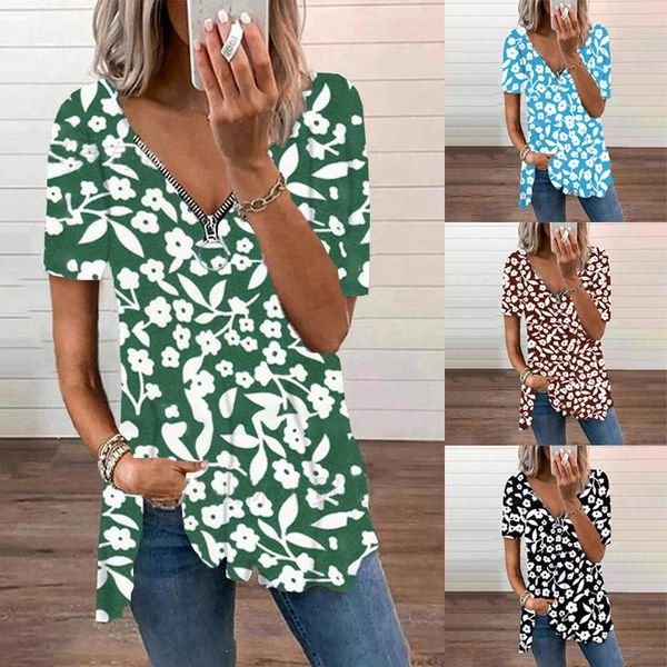 

women's t-shirt 5xl oversized tee summer women t shirt zipper v neck loose shirts casual floral print lady short sleeve clothes camise, White