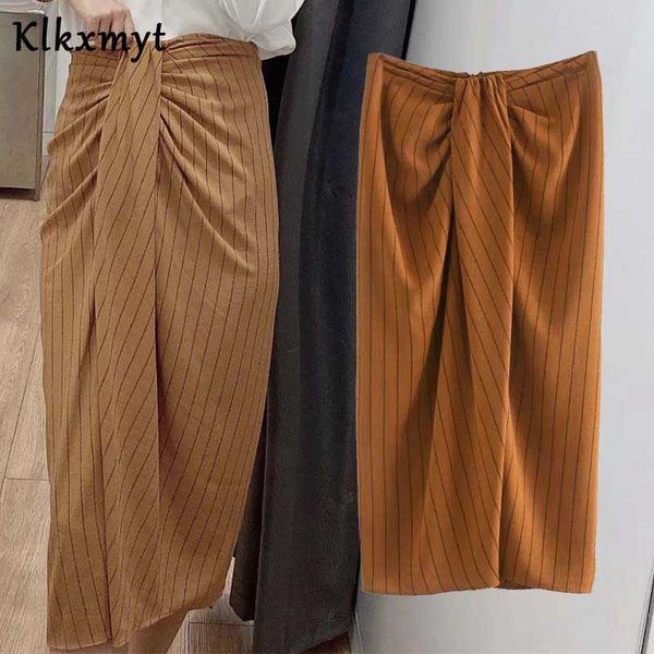 Klkxmyt Za Saia Mulheres Inglaterra Senhora Senhora Simple Stripe Imprimir Cintura Alta Cintura A-Linha Midi Faldas Mujer Moda Saias Longas 210527