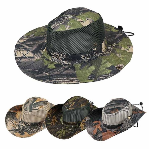 

wide brim hats outdoor sunhat hunting fishing cap sun mesh breathable camouflage leaves hat man, Blue;gray