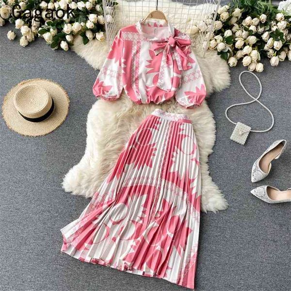 

bohemian women two piece set summer fashion elegant outfits stand collar bow print blouses + midi wild skirts 210531, White