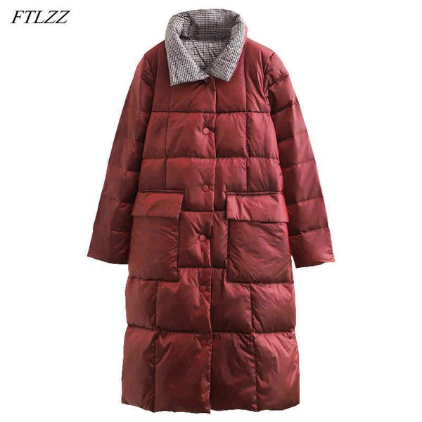 

winter women 90% white duck down coat elegant single breasted double side long jacket vintage stand collar pocket 210423, Black