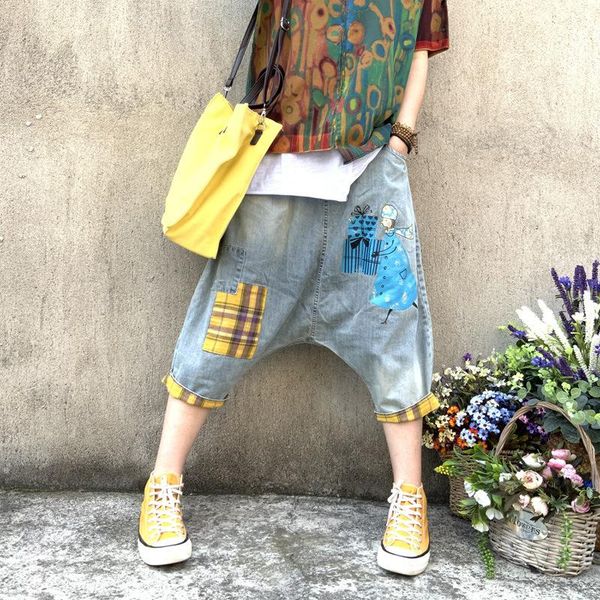 

women's jeans thin denim cropped saggy women pants summer cool printed loose high waist large size back rise width trousers, Blue