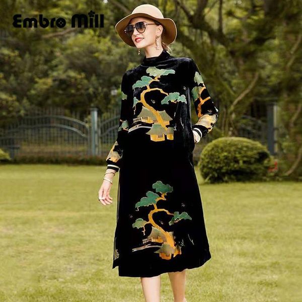 

casual dresses high-end women's autumn and winter stand collar fashion chinese style black velvet burnt flower stitching pocket lady dr, Black;gray