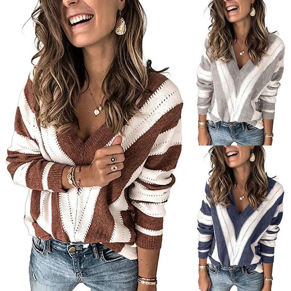 

women's sweaters sweater v-shaped stripe stitching t-shirt autumn winter women's wear style v-neck hollow out pullover for women z, White;black