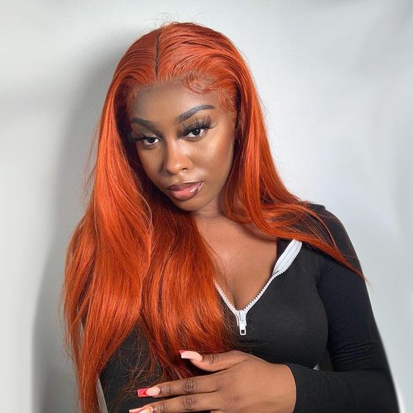 

lace wigs ginger orange color straight wig brazilian remy human hair for women 30 inches transparent t part frontal, Black;brown