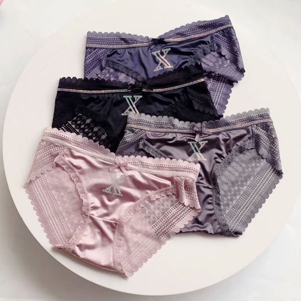 

2111 k new high-end french satin mesh breathable lace underwear womens cotton mid-low waist briefs, Black;white