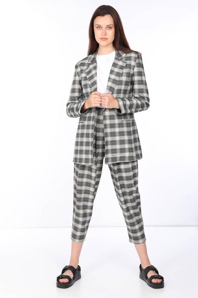 

women's two piece pants plaid suit, White