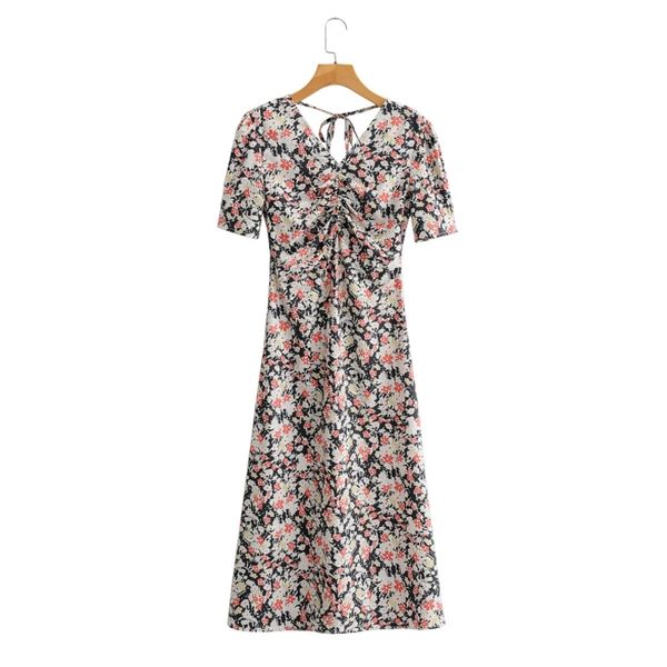 

spring women floral print v neck pleated side slit midi dress female short sleeve clothes lady loose vestido d7211 210430, Black;gray