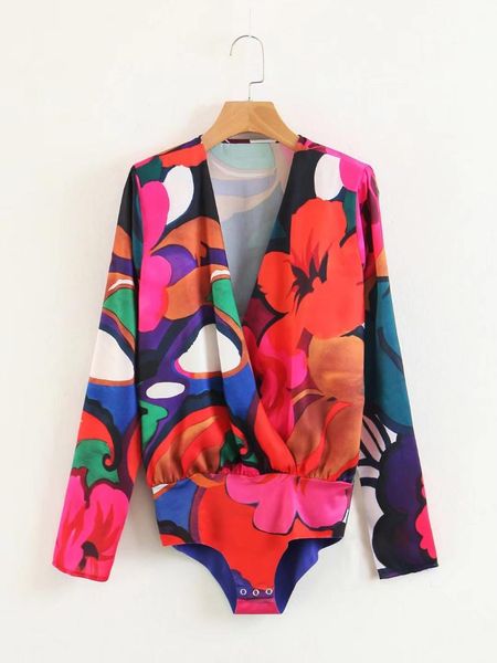 

women's jumpsuits & rompers bodycon casual womens bodysuit floral print oversized bodysuits women v neck long sleeve clothes 2021, Black;white