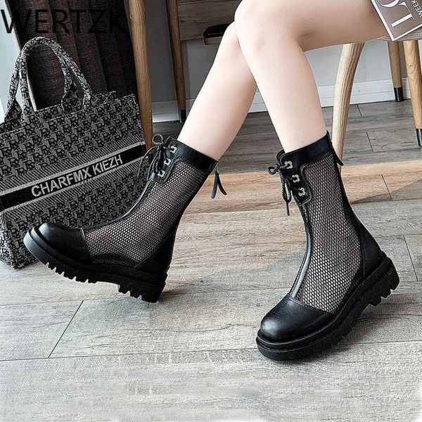 

boots cool genuine leather mesh zipper female pumps spring summer round toe square high heel women shoes size 35-39 2kve, Black