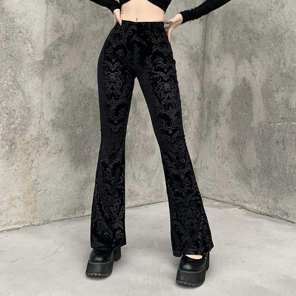 

women's pants & capris insgoth retro gothic print black goth harajuku high waist flared women street punk trousers, Black;white