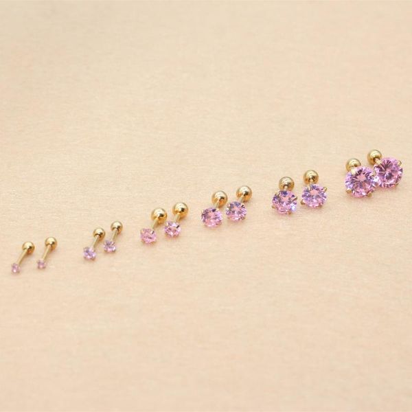 

needle 1.2*6mm stainless steel screw-back pink zircon stud earrings golden ip plating no easy fade allergy free, Golden;silver