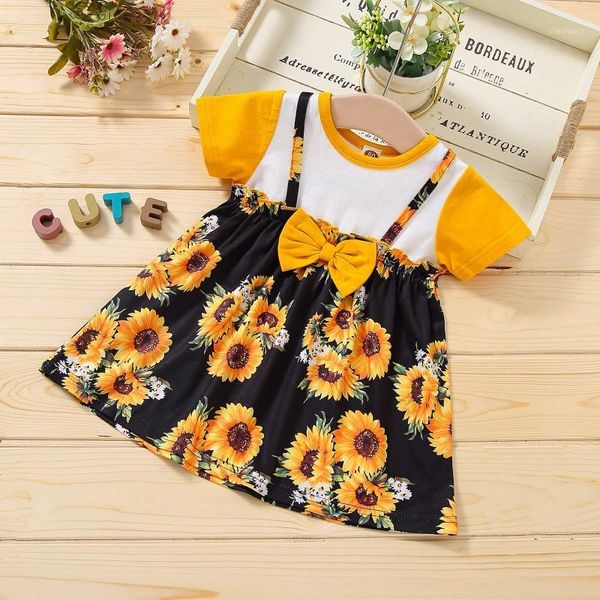 

girl's dresses girl dress toddler infant baby girls summer for o-neck short sleeve sunflower bowknot cute print princess, Red;yellow