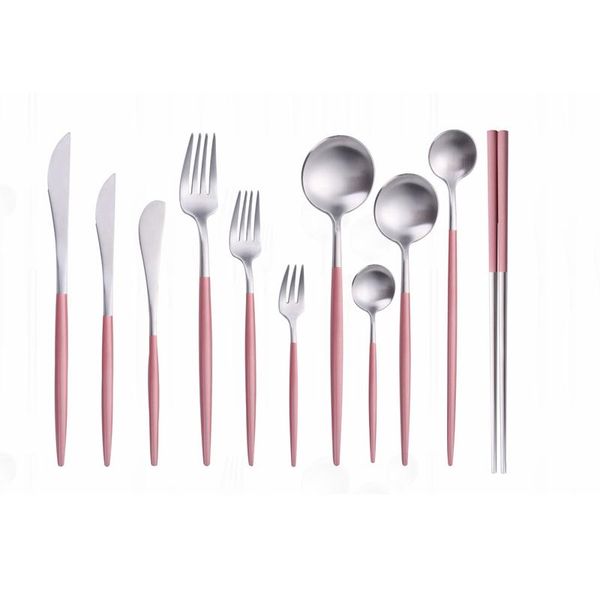 

set cutlery fork spoon tableware reusable chopsticks stainless steel dessert knife utensil kit for weddings dinnerware sets