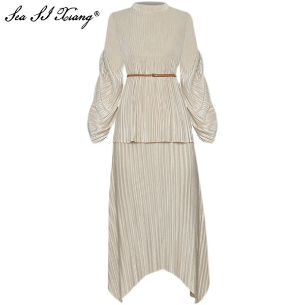 

seasixiang fashion designer spring set women lace-up stand collar lantern sleeve + asymmetrical skirt pleated two piece set 211109, White