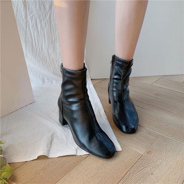 

boots solid leather flock snow elegant women winter shoes suede fur inside square high heels keep warm casual woman, Black
