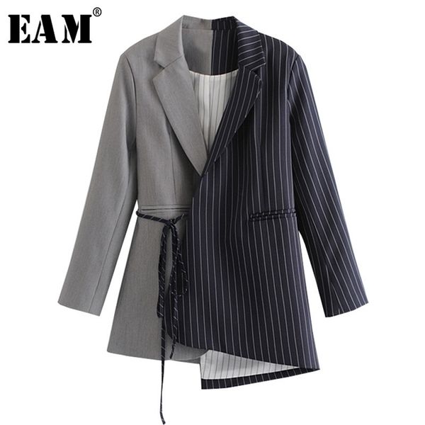 

[eam] loose fit black striped split joint bandage jacket lapel long sleeve women coat fashion spring autumn jz065 211029, Black;brown