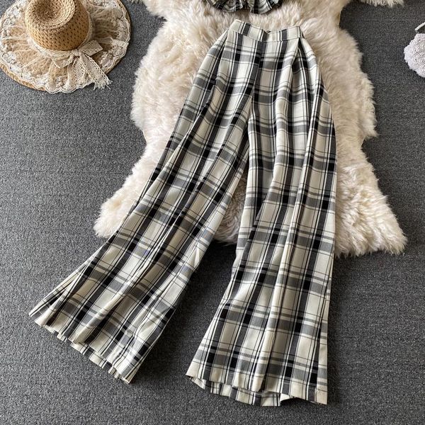 

high-waist drape wide-leg pants casual loose plaid straight-leg two-piece suit age reduction sling summer 420 women's two piece, White