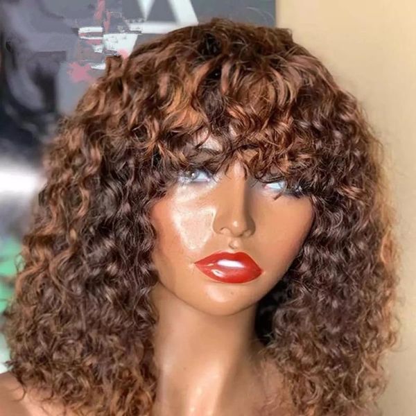 

lace wigs curly with bangs full machine made remy hair for black women highlight colored 180% density human pre plucked, Black;brown