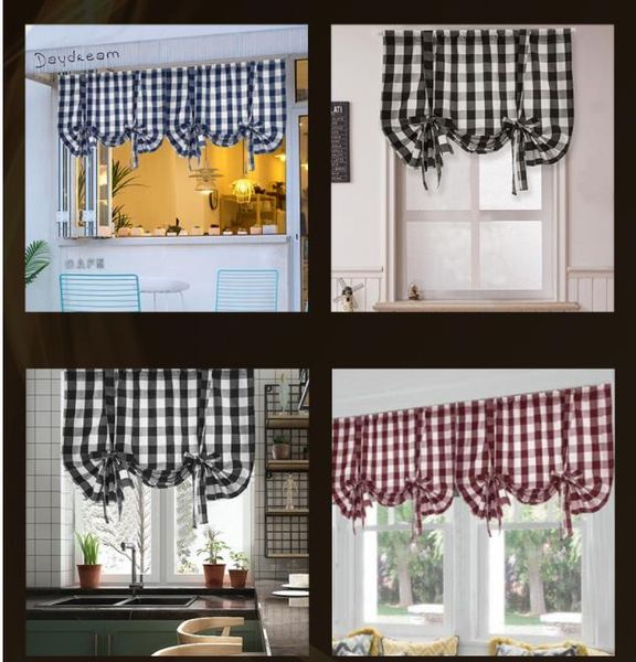 

curtain & drapes plaid print short window with hole, adjustable roman blinds blackout for living room, kitchen