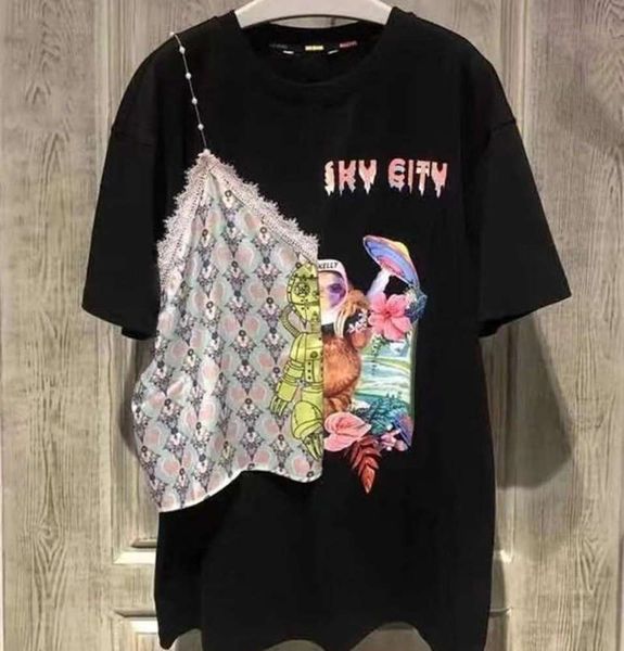 

summer loose casual letter printing strap fake two-piece lace stitching t-shirt, White