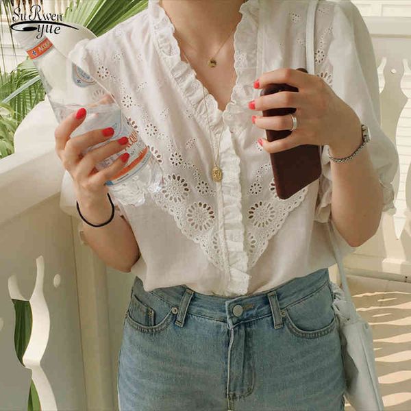 

fashion korean summer short sleeves ruffle stitching women cotton v-neck hollow white blouse casual sweet shirt 14273 210521