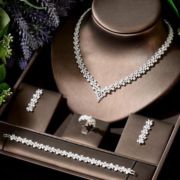

earrings & necklace hibride temperament women wedding 4pcs and earring set cz water drop jewelry party gifts bijoux femme n-1907, Silver