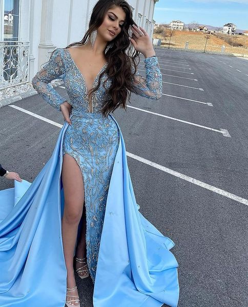 

2021 plus size arabic aso ebi luxurious lace beaded crysals prom dresses long sleeves high split formal evening party second reception gowns, Black