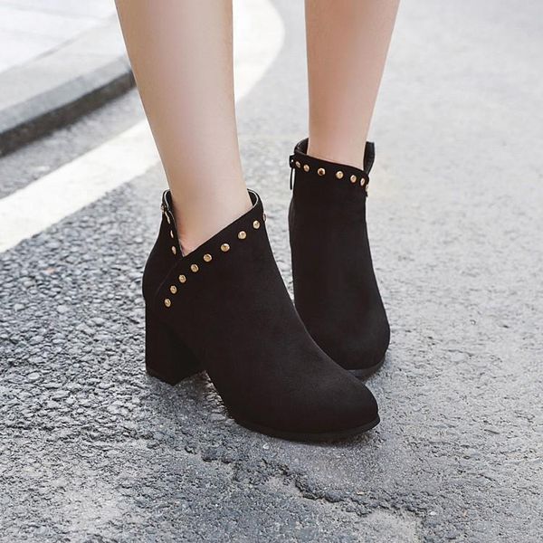 

boots ashiofu wholesale real pos ladies chunky heels faux-suede rivets party ankle booties evening daily wear fashion, Black