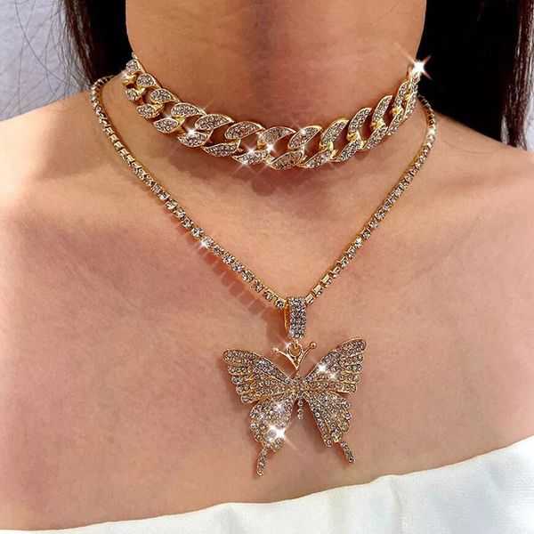 

double layer big butterfly pendant necklace hip hop iced out rhinestone chain for women bling tennis chain crystal animal choker jewelry, Silver