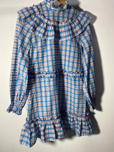 

casual dresses early autumn women's ruffles robe plaid long puff sleeve loose female sweet mini dress 2021, Black;gray